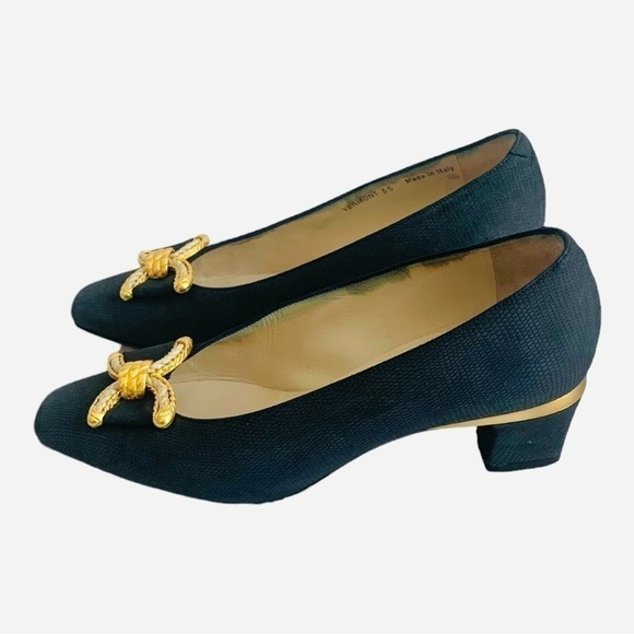 BALLY Vermont Navy Blue Leather Pumps Low Heels Bow Women’s Size 5 - Picture 4 of 8